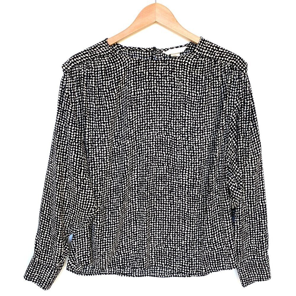 H&M Long Sleeve Blouse Black White Geometric Relaxed Fit Top Size M